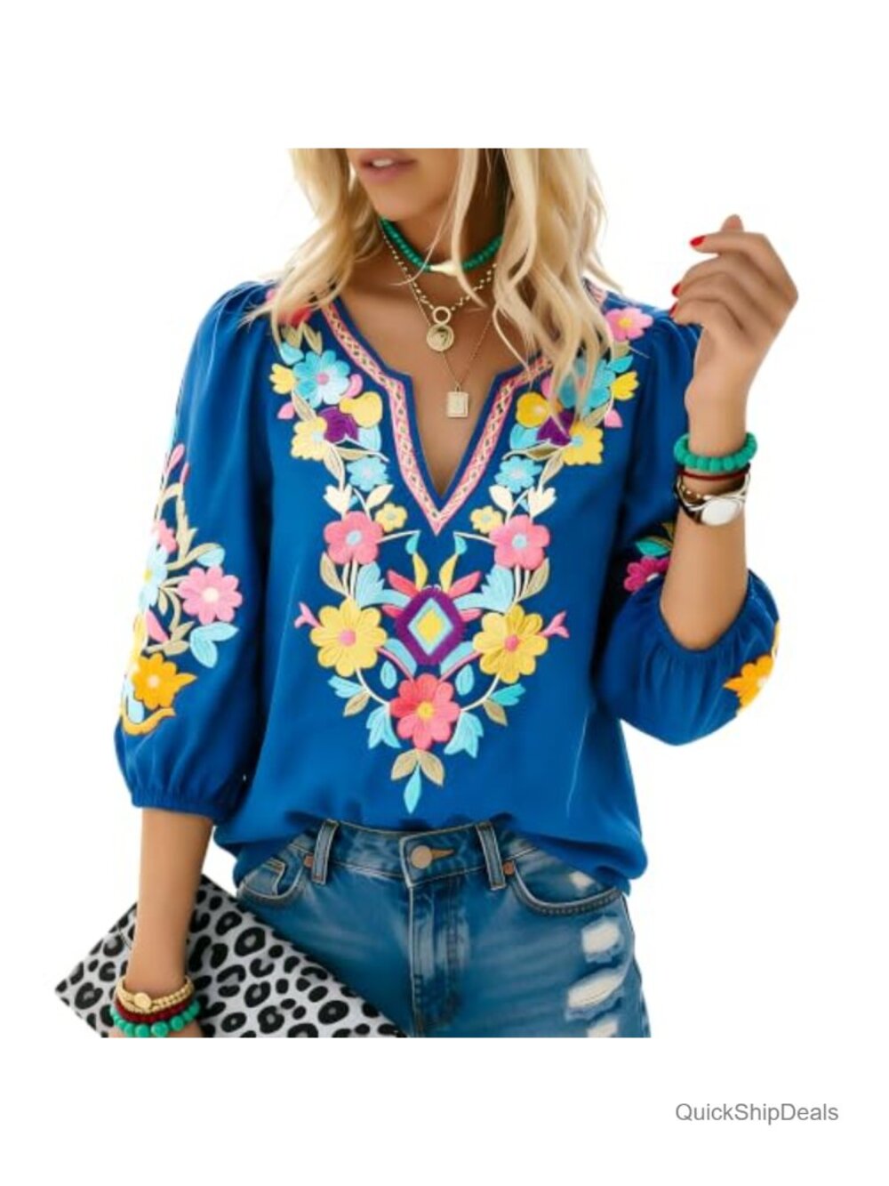 Women's Mexican Embroidered Peasant Tunic Top Boho Fiesta Blouse 3/4 Sleeve